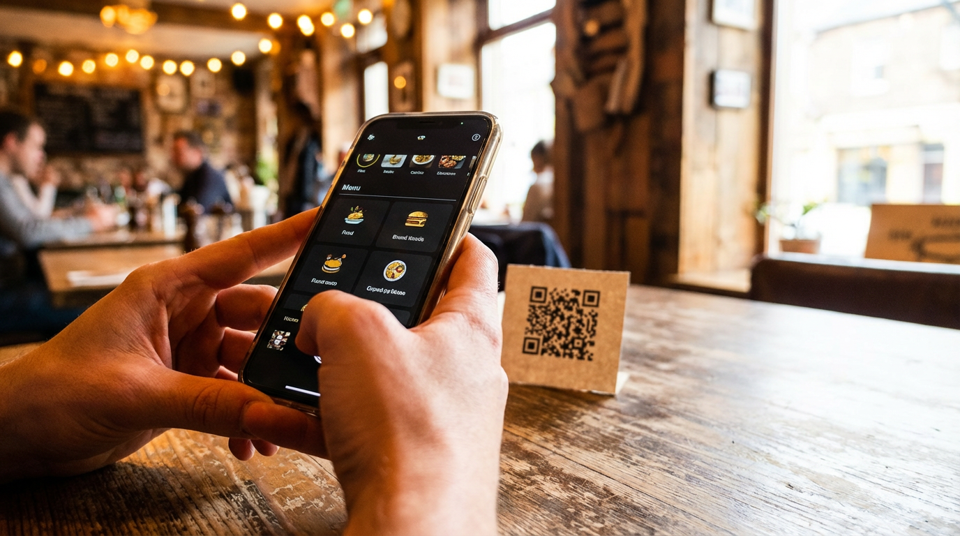 Cliente escaneando QR en restaurante